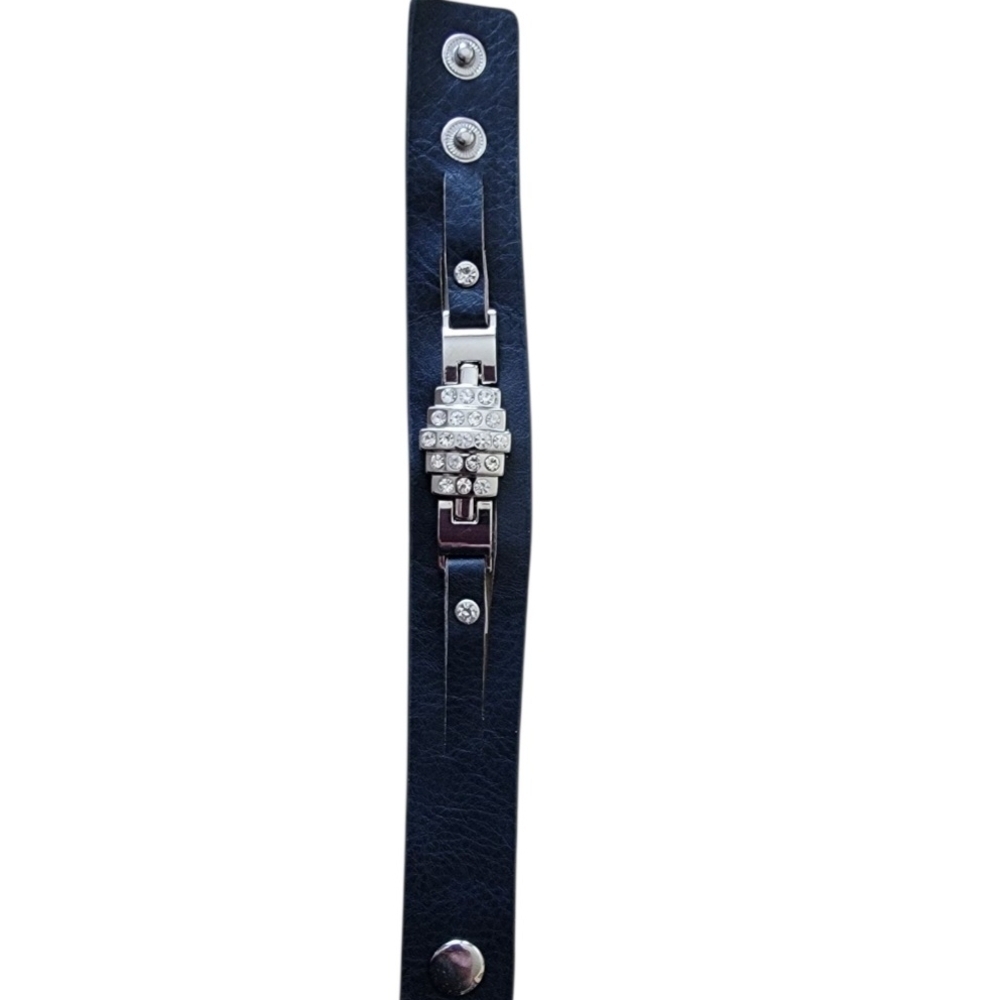 Black and Silver Leather Bracelet with Metal Embellishments